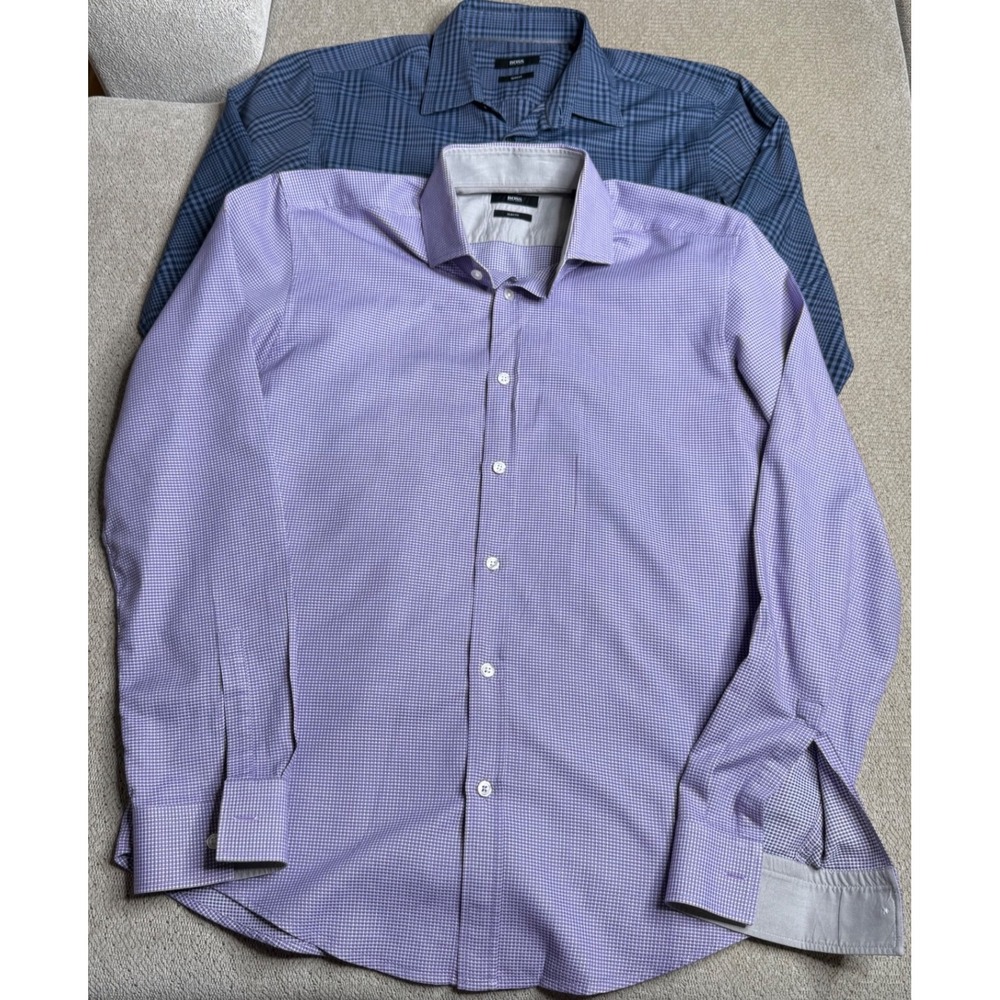 Lot of 2 BOSS Hugo Boss Men's Slim Fit Plaid Check Dress Shirt Long Sleeve.